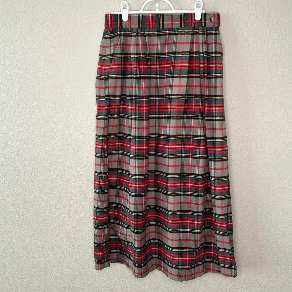Orvis women's plaid 100% cotton flannel pleated midi skirt size 8P